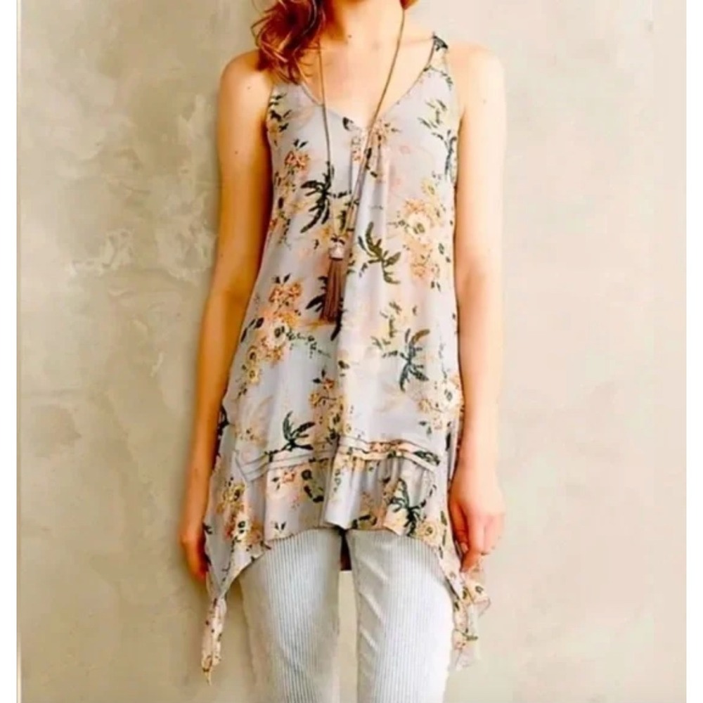 Maeve Anthropologie Magda Sheer Tank Tunic Top Blue Floral Boho Size‎ XS